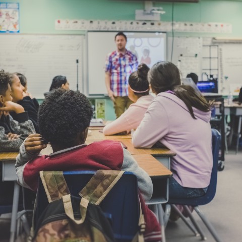 students in classroom looking at their teacher